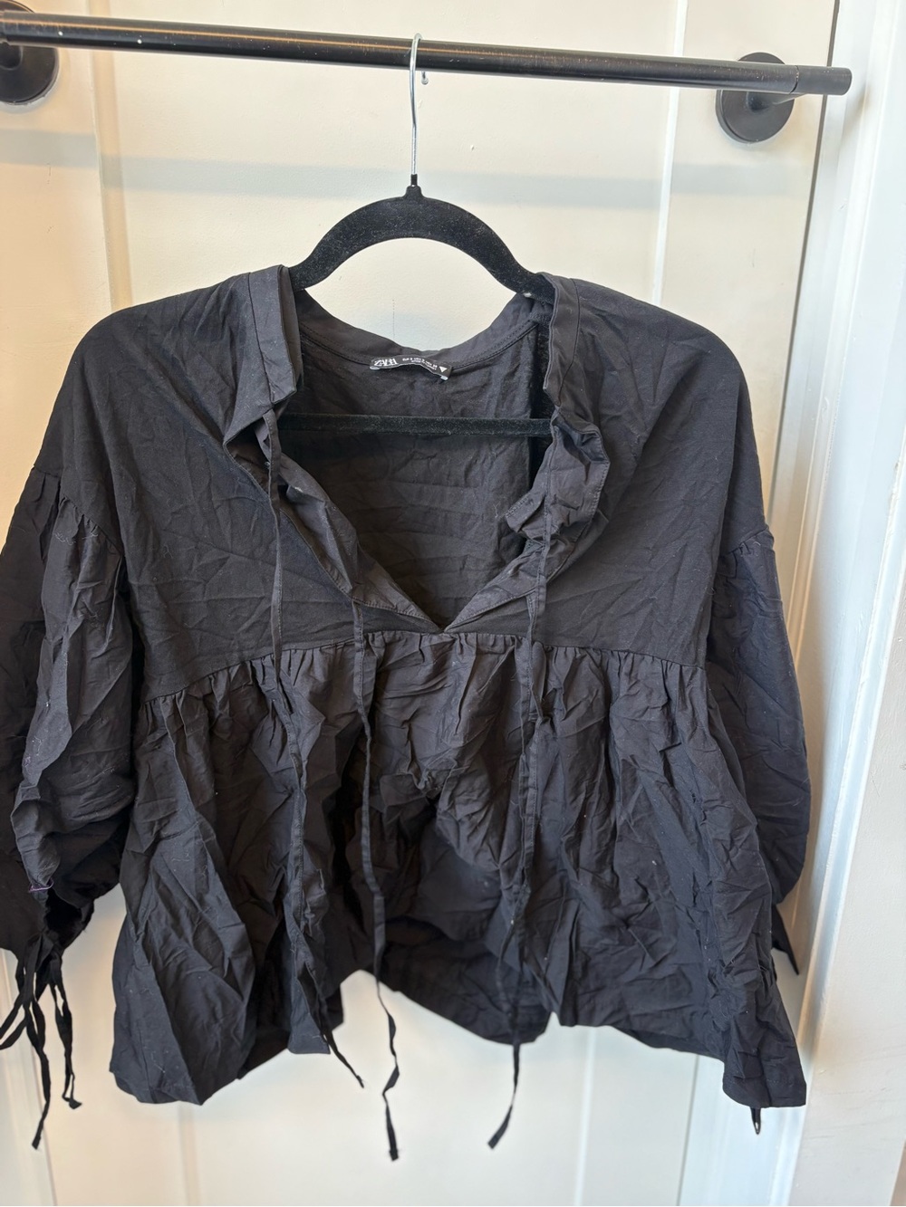 Zara Black Ruffled Peasant Top with Tie